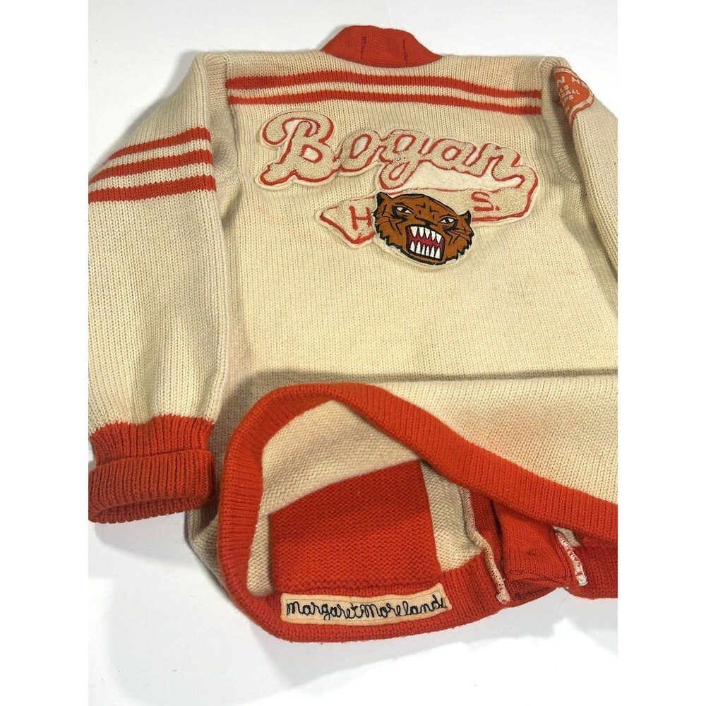 Vintage 1950s Chicago Letterman Cardigan Sweater Women Cream Orange Wool Patches - Picture 11 of 14
